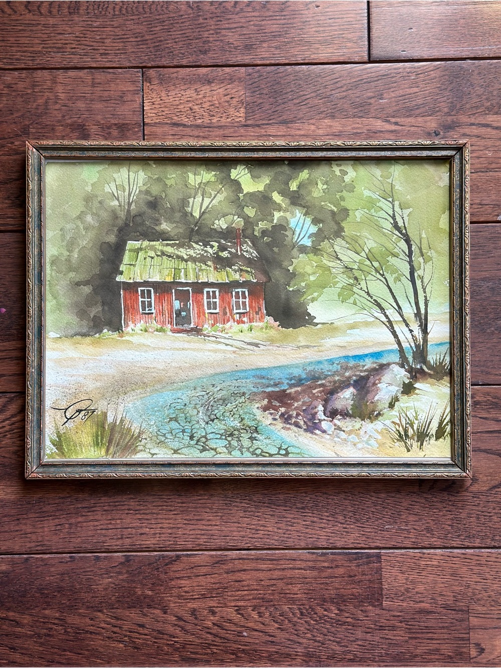 Rustic Red Cottage Watercolor Wall Art - Green and Blue Accents